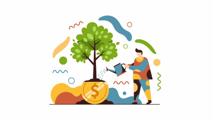 Person Watering a Money Tree with a Dollar Coin at the Base