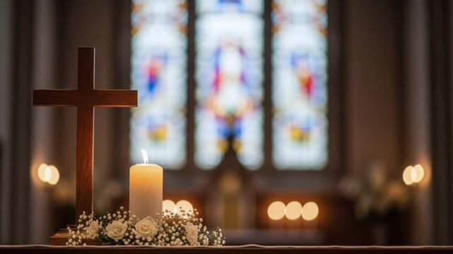 Candle and Wooden Cross in Church with Soft Light for Prayer and Meditation, Catholic 