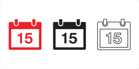 Date Icon Set: A trio of stylized calendar icons, rendered in bold red, black, and outline, each prominently displaying the number 15, perfect for conveying scheduling and deadlines.