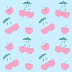 ライトブルーの背景とハート型のピンクのサクランボのパターン