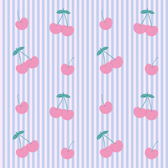 ブルーとピンクのストライプとコロンとしたチェリーのパターン