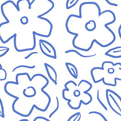 ブルーのお花と自由な線の落書きパターン