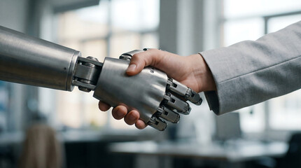a close up shot depicts a human hand firmly shaking with a robotic prosthetic hand symbolizing collaboration high quality professional detailed