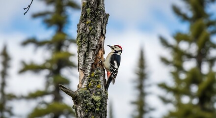 Great Spotted Woodpecker Climbing a Tree in a Forest.