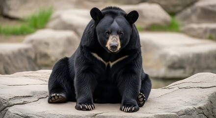 Majestic Black Bear Sitting on Rocks in Natural Habitat.