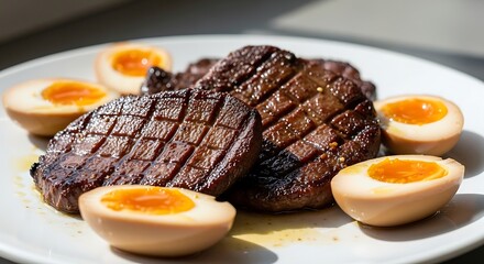 Grilled Steak and Soft Boiled Eggs Platter.
