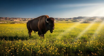 Majestic Bison Roaming a Sunlit Meadow.