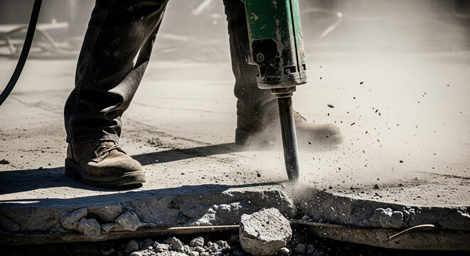 shot of a construction worker's legs in safety boots operating a heavy green jackhammer breaker on a concrete slab. The metal chisel tip is smashing the stone, creating a cloud of dust .