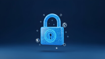 Digital security concept with holographic padlock and floating key icons for network protection