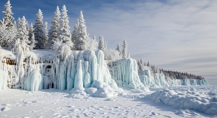 Stunning Winter Ice Formations on a Snowy Shoreline with Pine Trees.