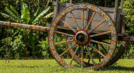 Traditional Costa Rican Oxcart Wheel with Vibrant Colors in Lush Green Landscape.