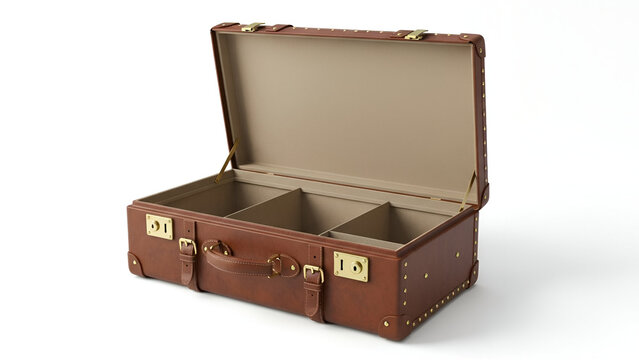 Elegant brown leather storage trunk with golden locks and creamy interior showing divided sections