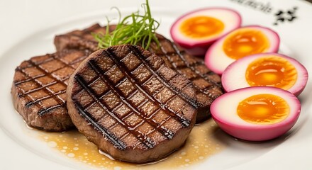 Perfectly grilled steaks with distinct grill marks served alongside vibrant halved pickled eggs and savory sauce.