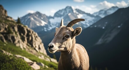 Mountain Goat in Majestic Alpine Landscape.