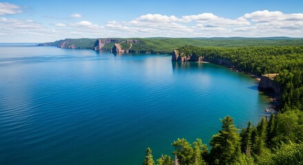 Pictured Rocks National Lakeshore on Lake Superior in Michigans Upper Peninsula, featuring stunning cliffs and clear blue water under a bright sky.