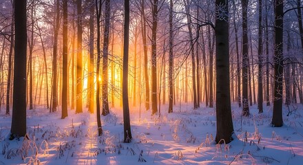 Winter Forest Sunrise Golden Hour Light Rays Snow.