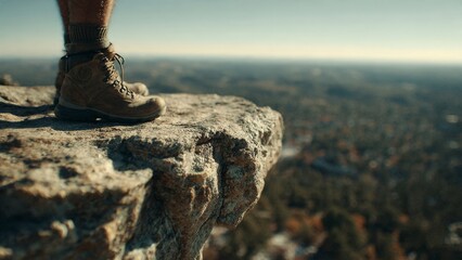Edge of Adventure: A lone figure's footwear stands boldly at the cliff's edge, gazing upon a sprawling panorama of the world, embodying freedom and exploration.