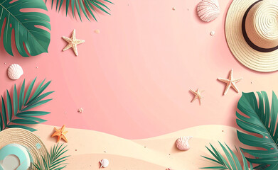 Summer Beach Vacation Vibes Tropical Leaves, Seashells, and Sun Hat Arrangement on Sandy Dunes