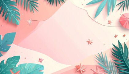 Vibrant Tropical Summer Beach Scene Background with Lush Palm Leaves, Starfish, and Umbrella Detail, Perfect for Refreshing Holiday-Themed Designs