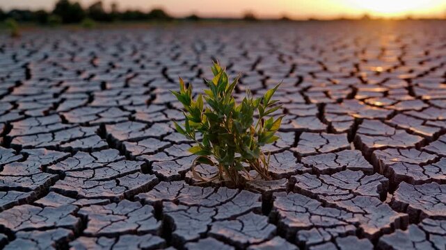 A small green plant emerges from the dry, cracked earth under the setting sun. This plant symbolizes resilience in the harsh, barren landscape of the parched ground.