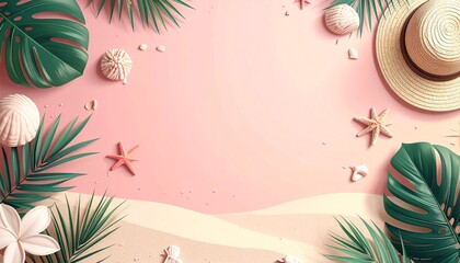 Vibrant Summer Holiday Background with Tropical Palm Leaves, Seashells, and Straw Hat on Pink Sandy Shore for Beach Vacation Themes