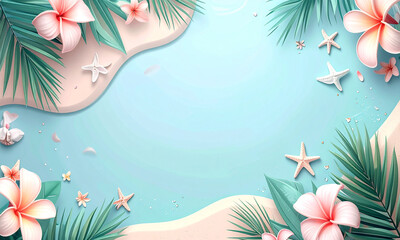Tropical beach paradise with palm fronds and starfish, a serene summer vacation backdrop