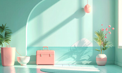 Dreamy Pastel Mint and Pink Bathroom Interior Design with Modern Minimalist Aesthetic, Bathed in Vibrant Sunlight Creating Artistic Shadows
