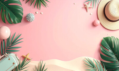 Summer vacation essentials arranged on a pastel pink background with tropical leaves and beach elements
