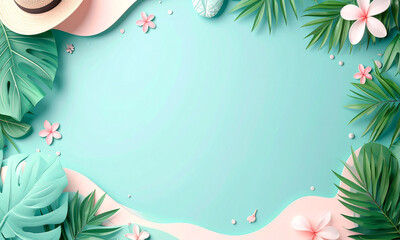 Tropical Summer Vacation Vibes A Relaxing Scene with Palm Leaves and Beach Hat