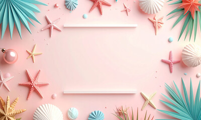 Soft pastel summer beach frame with starfish and seashells on a pink background, perfect for tropical holiday greetings or event invitations