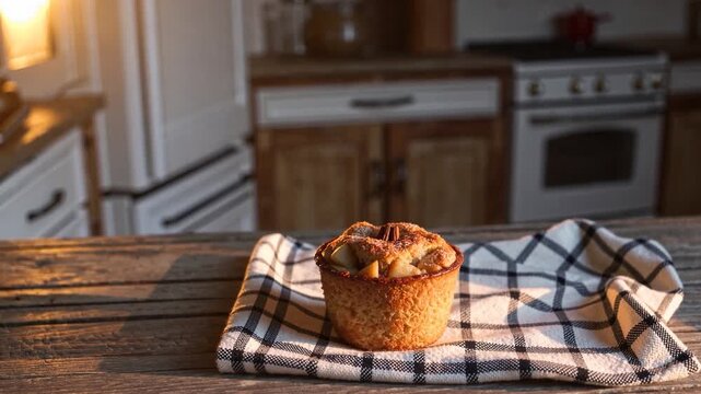 The freshly baked apple pie sits beautifully on a checkered cloth, invitingively placed in a warm kitchen. This pie showcases golden crust and baked apples that enhance the cozy atmosphere.
