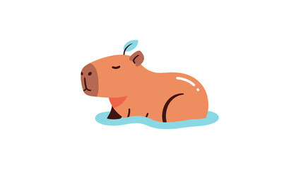 Fototapeta premium Cute cartoon capybara sitting in water with a leaf on its head, isolated on a white background.