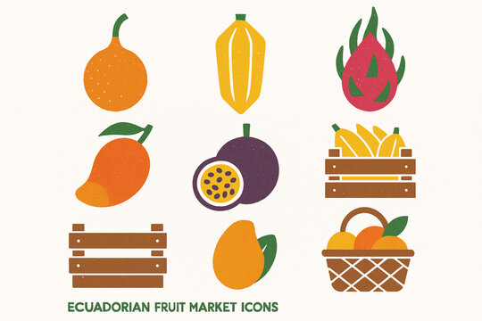 Ecuadorian Fruit Market Icon Set with Granadilla, Babaco, Pitahaya, Mango and Passion Fruit in Vector