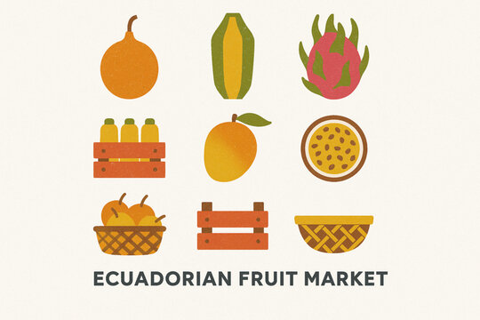 Ecuadorian Fruit Market Icon Set with Granadilla, Babaco, Pitahaya, Mango and Passion Fruit in Vector
