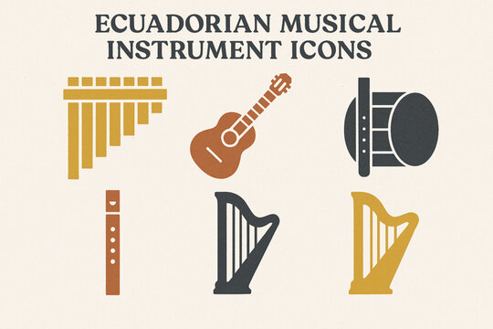Ecuadorian Musical Instrument Icon Set with Rondador, Guitar, Bombo, Quena and Harp in Vector