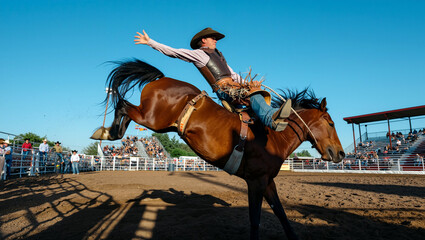 A skilled cowboy showcases his talent by riding a bucking horse at a rodeo event during the day. The crowd watches from the stands, enjoying the excitement. Generative AI.