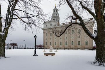 Nauvoo IL temple after a winter snowstorm