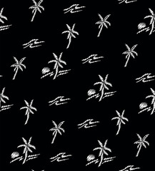 Repeated pattern of coconut trees and stylized waves.