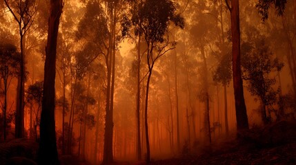 Fototapeta premium Fiery orange smoke haze blankets tall forest trees, creating a dramatic and ominous atmosphere
