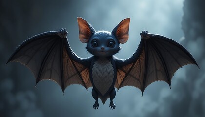 Adorable baby bat with large expressive eyes and wide outstretched wings appears to be floating or flying in a dark moody sky suggesting a magical nocturnal creature portrait.