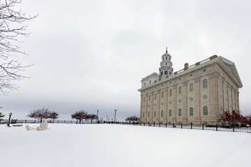 Nauvoo IL temple after a winter snowstorm