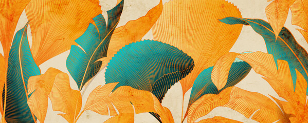 Abstract tropical art background with exotic plant leaves in amber and turquoise. A botanical banner in a linear style for decor, wallpaper, textiles, posters, packaging, and interior design.