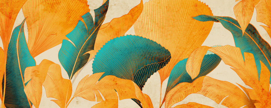 Abstract tropical art background with exotic plant leaves in amber and turquoise. A botanical banner in a linear style for decor, wallpaper, textiles, posters, packaging, and interior design.