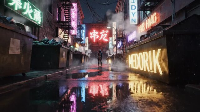 A lone figure stands on a neon-lit, rain-slicked alleyway surrounded by Chinese signs and dumpsters