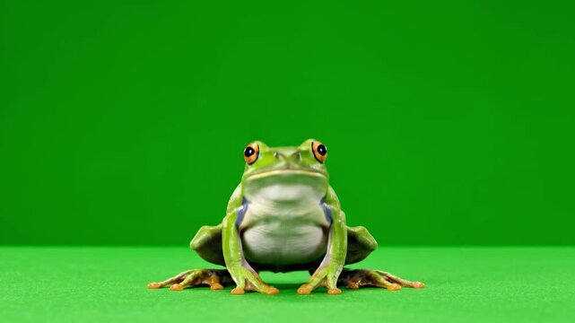 Green screen photo of a frog sitting on green background with colorful accents
