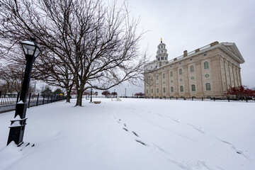 Nauvoo IL temple after a winter snowstorm
