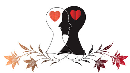 Emotional intelligence, mental health or wellbeing concept. Good mental hygiene with heart shape, brain and profile face outline.