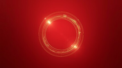 Glowing golden circle with dynamic light trails on red background