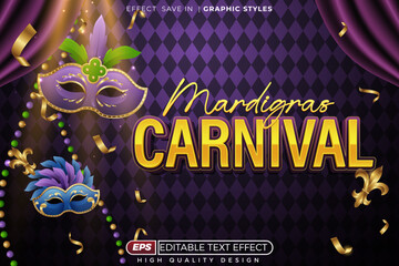Editable 3d text effect mardi gras carnival with gold color for poster and banner template design