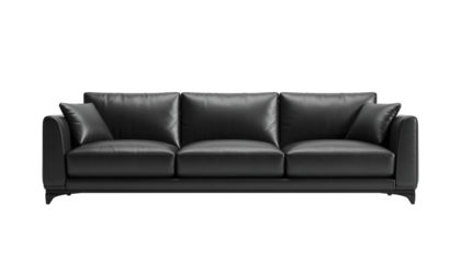 Chic black leather sofa on transparent background.